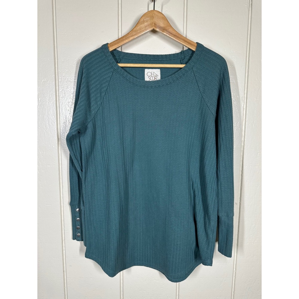 Chaser Top Womens XL Teal Blue Waffle Knit Thermal Raglan Sleeve Button Cuff